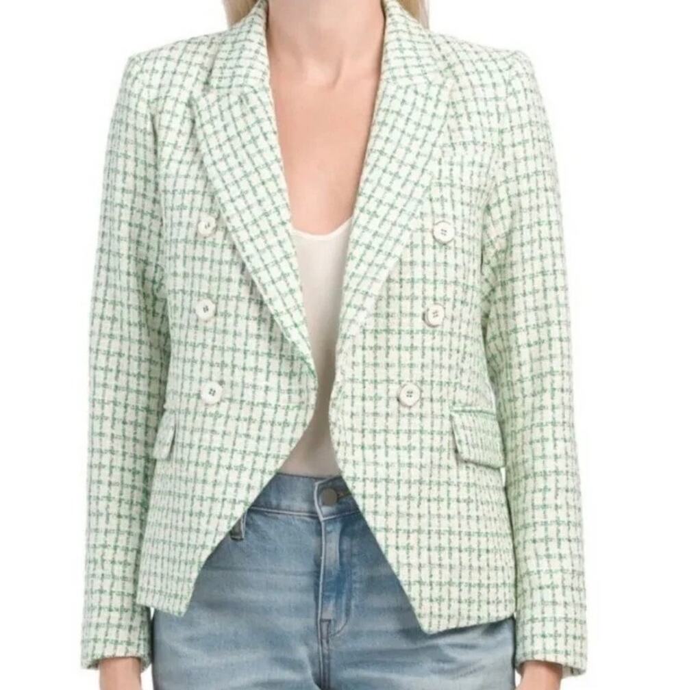 New Rachel Zoe plaid tweed green double breasted blazer sz XS